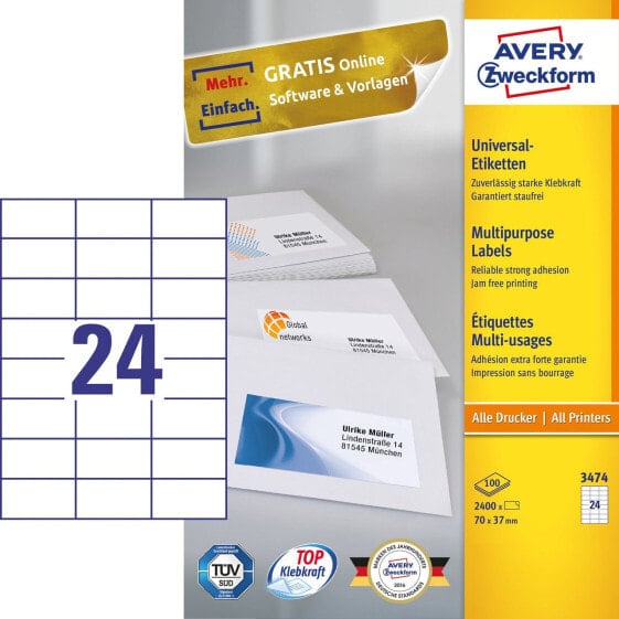 Avery Zweckform Avery 3474 - White - Rectangle - Permanent - 70 x 37 mm - A4 - Paper