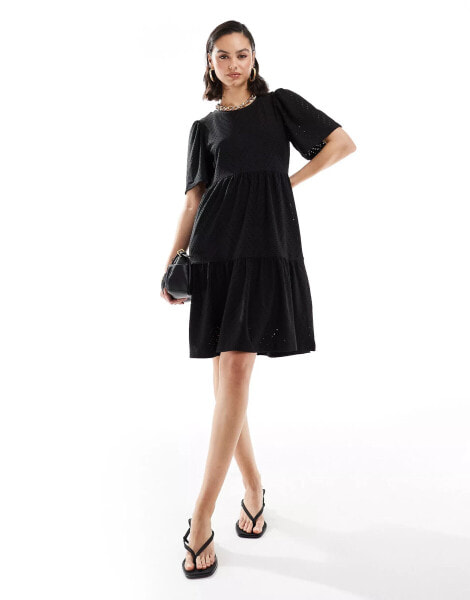 JDY tiered broderie midi dress in black