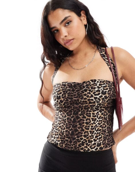 Pull&Bear ruched bust halterneck top in leopard print