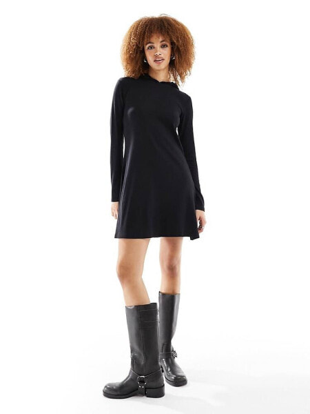 Monki long sleeve hood jersey mini dress in black