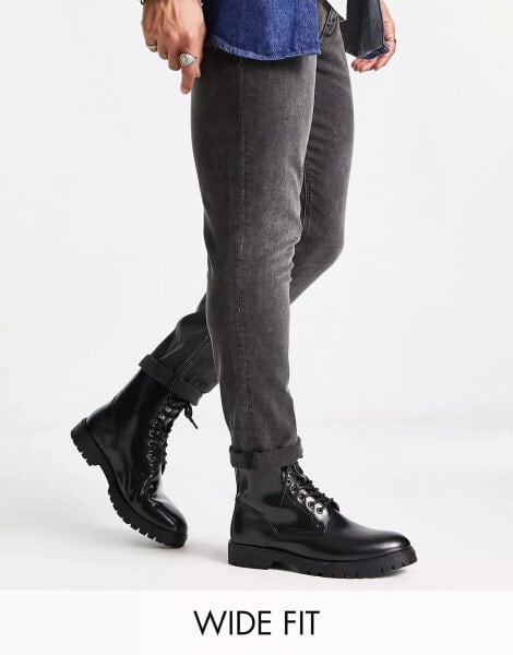 Red Tape wide fit chunky hardware lace up boots in black leather