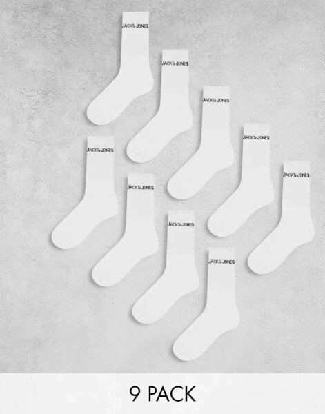 Jack & Jones 9 pack ribbed logo socks in white