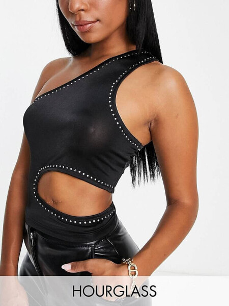 ASOS DESIGN Hourglass one shoulder hot fix cut out crop top in black