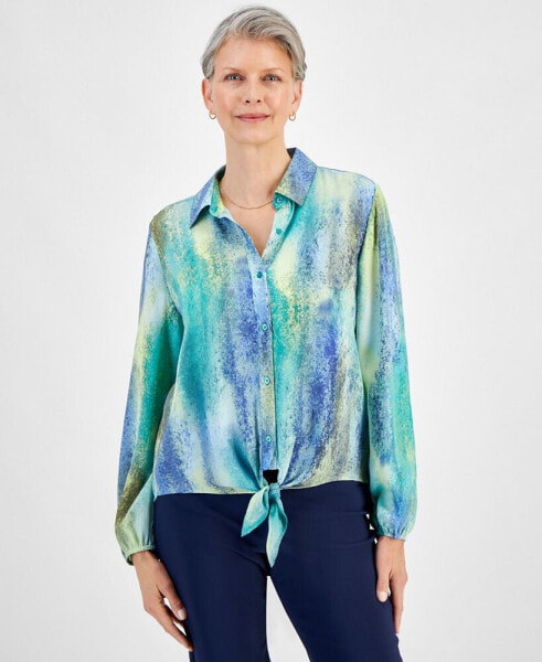 Women's Printed Long Sleeve Button-Front Tie-Hem Top, Created for Macy's
