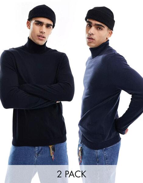 ASOS DESIGN 2 pack knitted essential roll neck jumper in navy & black