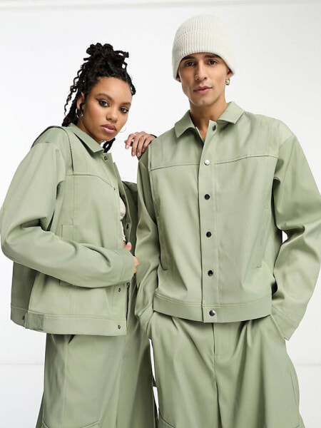 IIQUAL unisex shoulder detail utility jacket co-ord in sage