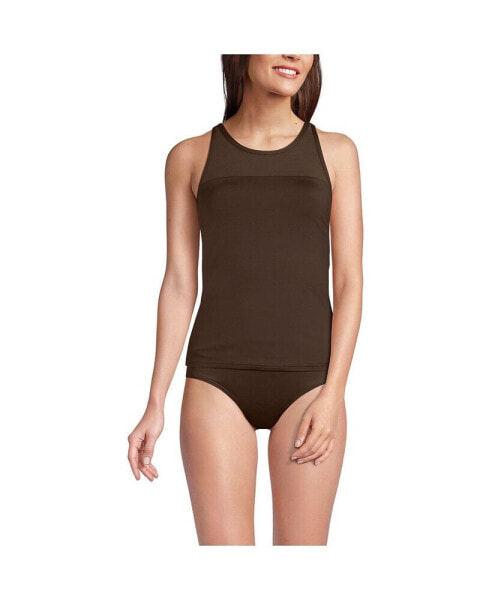 Women's Long Chlorine Resistant Smoothing Control Mesh High Neck Tankini Swimsuit Top