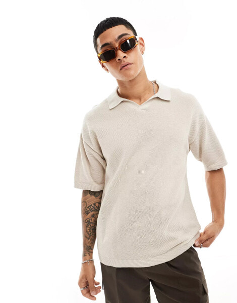 Jack & Jones oversized linen mix revere collar knitted polo in beige