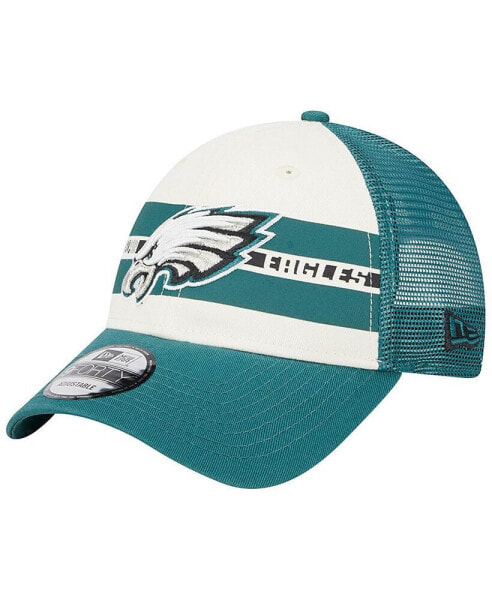 Men's Cream and Midnight Green Philadelphia Eagles Team Stripe Trucker 9FORTY Snapback Hat