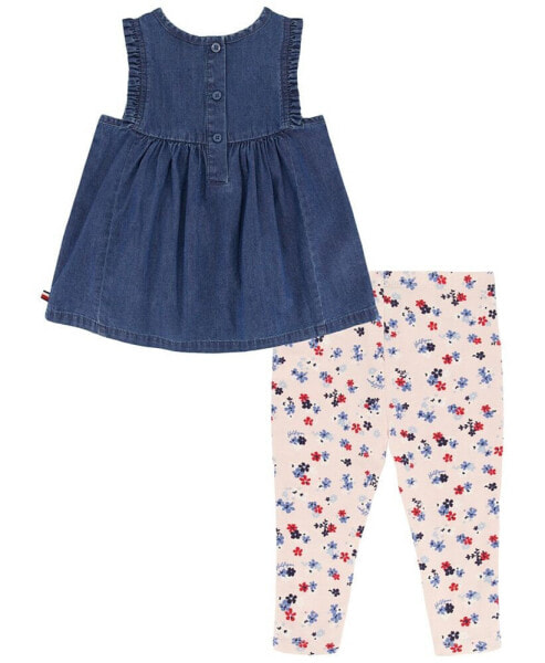 Little Girls Sleeveless Denim Tunic Top and Floral Capri Leggings, 2 Piece Set