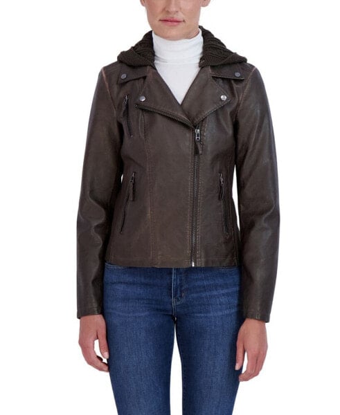 Women's Hooded Faux Leather Moto Jacket