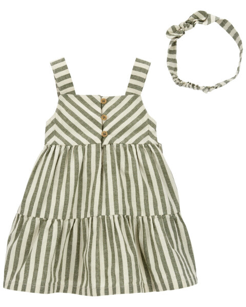 Baby 2-Piece Striped Linen Dress & Headwrap Set 18M