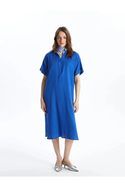 LCWAIKIKI Classic Gömlek Yaka Düz Kısa Kollu Kadın Elbise