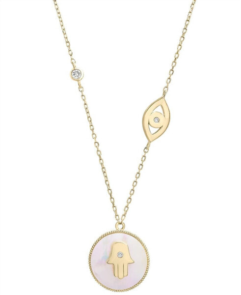 Macy's mother-of-Pearl (10mm) & Cubic Zirconia Hamsa Hand & Evil Eye Pendant Necklace in 14k Gold-Plated Sterling Silver, 16" + 2" extender