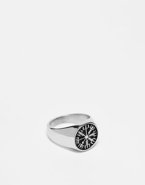 ASOS DESIGN waterproof stainless steel signet ring with ancient compass detail in burnished silver tone