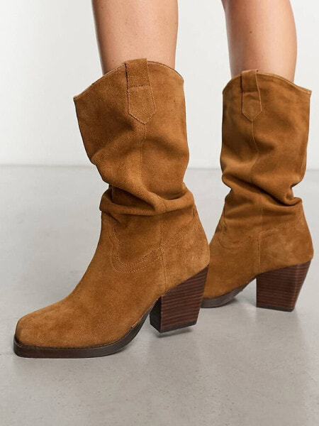 Bronx Fuzzy ruched western boots in chestnut suede