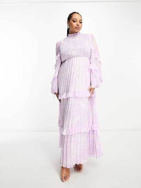 ASOS DESIGN Curve high neck shirred pleated maxi dress with frill edge in paisley