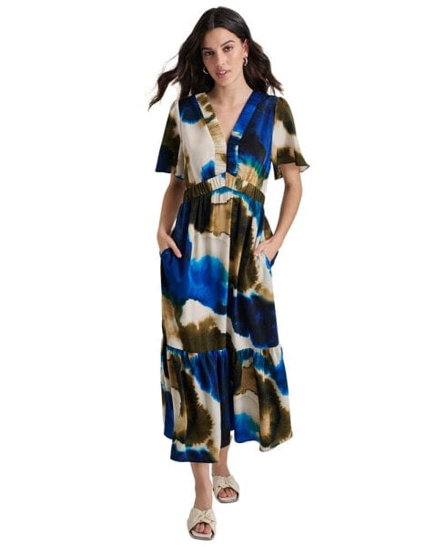 Women's Printed V-Neck Short-Sleeve Maxi Dress