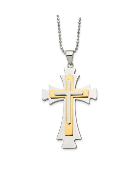 Polished Yellow IP-plated Cross Pendant Ball Chain Necklace