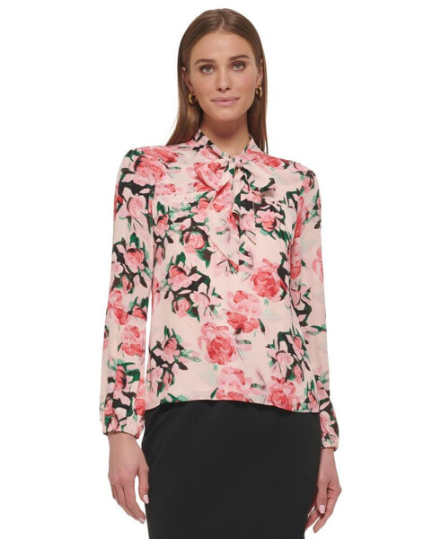 Petite Floral-Print Tie-Neck Blouse