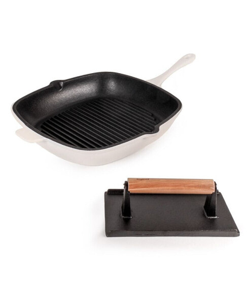 Neo Enameled Cast Iron 2 Piece Grill Pan and Steak Press Set