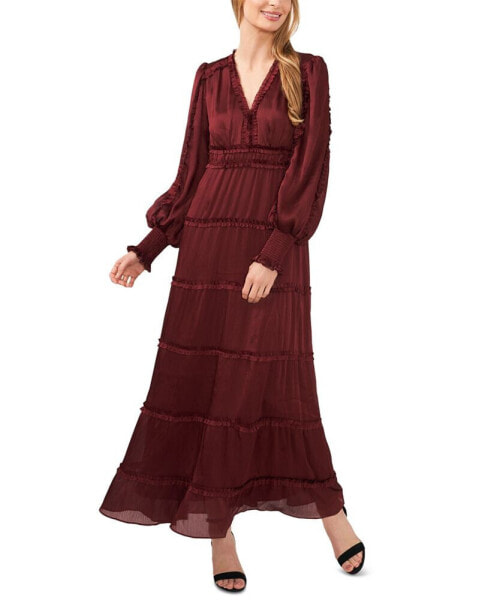 Women's Long Sleeve Plisse Ruffle Maxi Dress