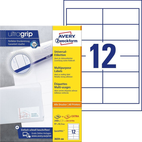 Avery Zweckform 3659-200 - White - Rectangle - Permanent - 97 x 42.3 mm - DIN A4 - Paper