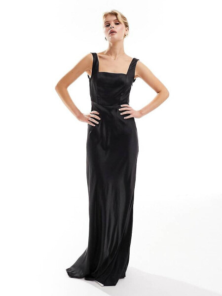 Six Stories Bridesmaid square neck satin maxi dress in black