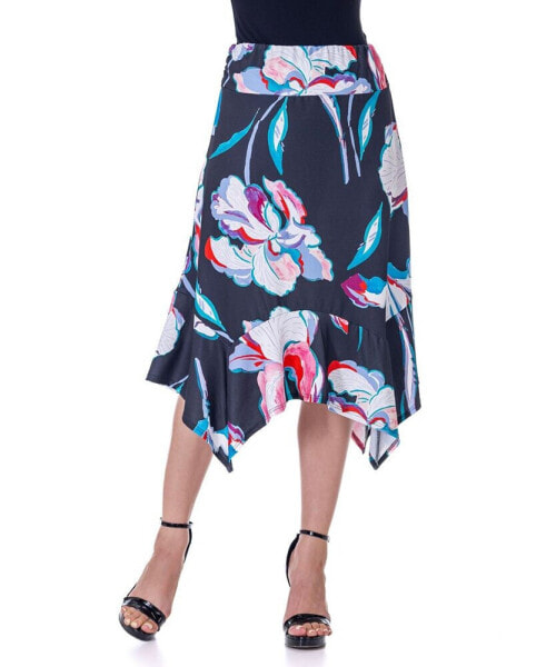 Elastic Waist Floral Knee Length Handkerchief Hemline Skirt