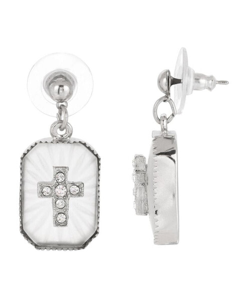 Silver-Tone Frosted Stone Crystal Cross Drop Earrings