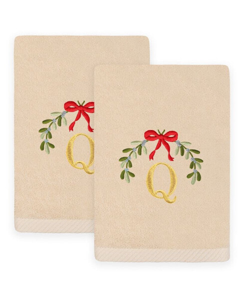 Christmas Mistletoe Monogram White Embroidered Luxury Turkish Cotton Hand Towels, 2 Piece Set