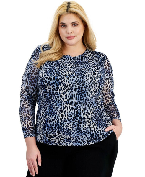 Plus Size Animal-Print Long-Sleeve Mesh Top, Created for Macy's