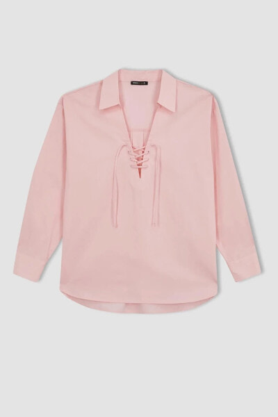 Oversize Fit Yakası Bağcık Detaylı Uzun Kollu Gömlek %100 Pamuk Bluz