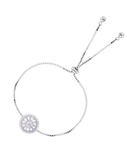 Cubic Zirconia Round and Baguette Wheel Adjustable Bolo Bracelet in Sterling Silver (Also in 14k Gold Over Silver or 14k Rose Gold Over Silver)