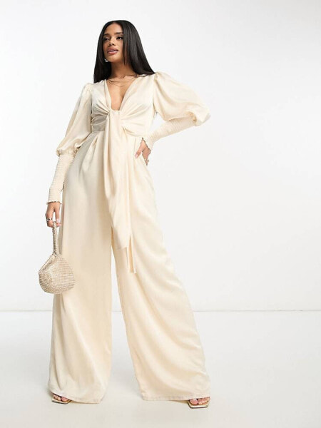 Collective the Label exclusive plunge front wide leg jumpsuit in oyster