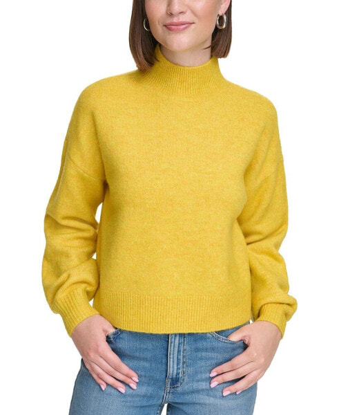 Women's Boxy Cropped Long Sleeve Mock Neck Sweater