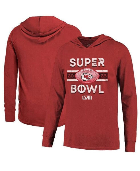 Men's Threads Red Distressed Kansas City Chiefs Super Bowl LVIII Tri-Blend Soft Hand Long Sleeve Hoodie T-shirt