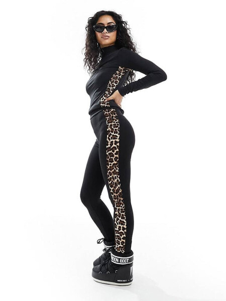 Threadbare Ski base layer top and leggings set in black with contrast leopard print