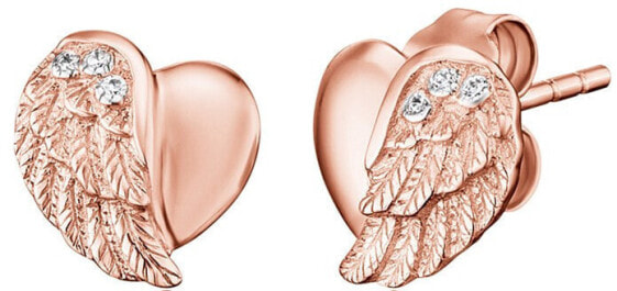 Розовые позолоченные серебряные серьги Сердце с крылышком ангела и цирконами ERE-LILHW-STR