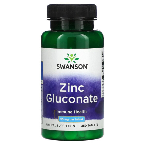Витамины и минералы Swanson Цинк Глюконат, 30 мг, 250 таблеток.