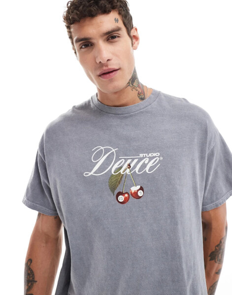 ASOS DESIGN relaxed t-shirt with cherry chest print in washed grey