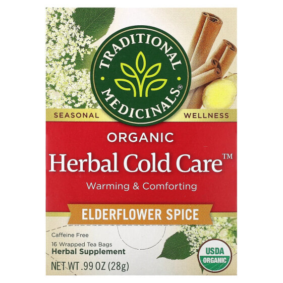 Traditional Medicinals, Herbal Cold Care, органическое средство от простуды, цветки бузины со специями, без кофеина, 16 чайных пакетиков в индивидуальной упаковке, по 1,75 г (0,6 унции) каждый