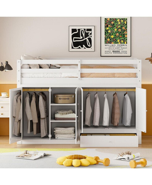 Twin size Loft Bed with Drawer, Two Wardrobes and Mirror, Gray