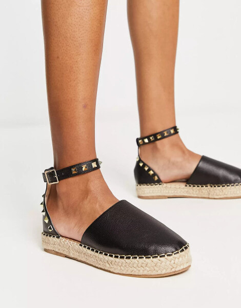 Truffle Collection studded ankle strap espadrilles in black