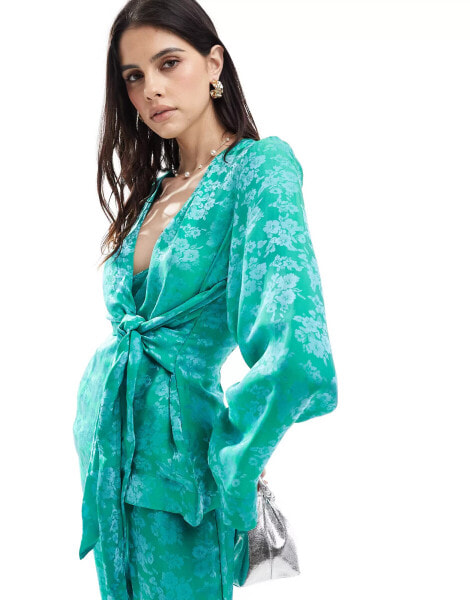 Y.A.S satin wide sleeve tie wrap top co-ord in teal jacquard floral