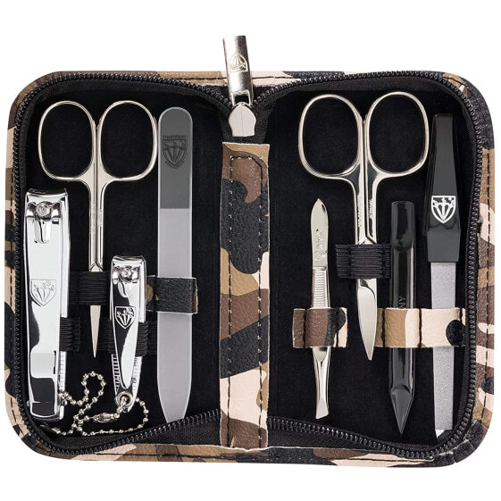 Drei Schwerter 8-Piece Manicure Set ‘Roma’, High-Quality Nail Care Set, Camouflage Faux Leather Case, Contents: Nail Scissors Set, Foot/Nail Clippers, Tweezers, Glass Nail File, Sapphire Nail File