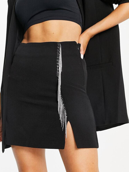 Vero Moda mini skirt with diamonte tassels in black