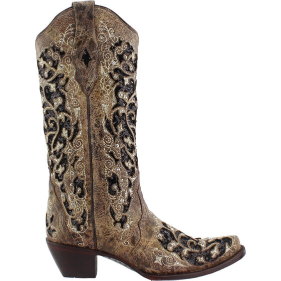 Corral Boots Sequins TooledInlay Snip Toe Cowboy Womens Brown Dress Boots A3569