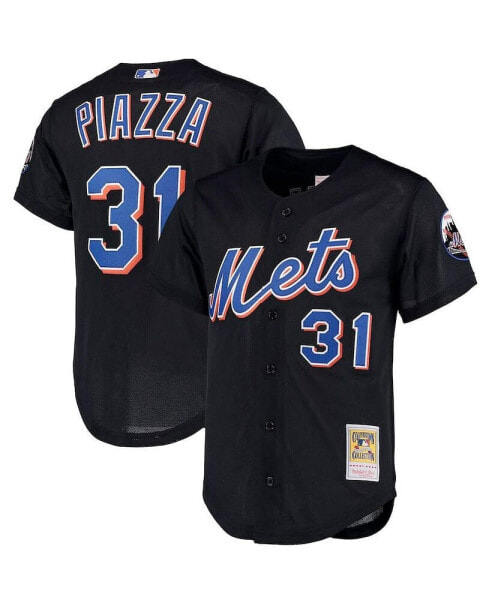 Men's Mike Piazza Black New York Mets Big and Tall Cooperstown Collection Mesh Button-Up Jersey