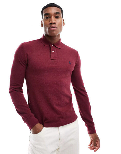 Polo Ralph Lauren icon logo slim fit long sleeve pique polo in burgundy marl